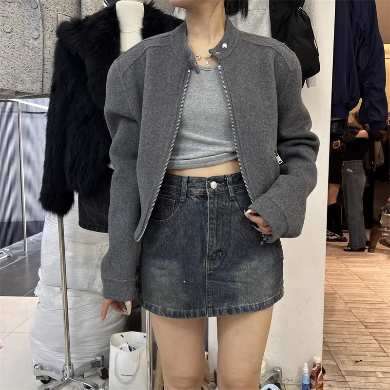 PLNH2025秋冬新款韩版时尚设计感宽松显瘦双面羊绒立领夹克短外套