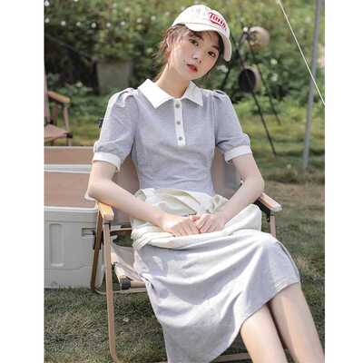 韩国东大门Polo领拼色连衣裙女夏季新款收腰显瘦中长款休闲长裙子