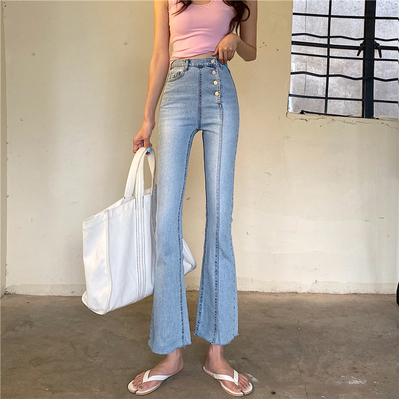 Real price Retro High waist elastic thin irregular single breasted light flared pants