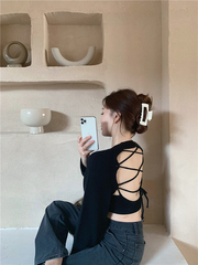 Real price retro Hong Kong Style relaxed lazy style open back knitted top