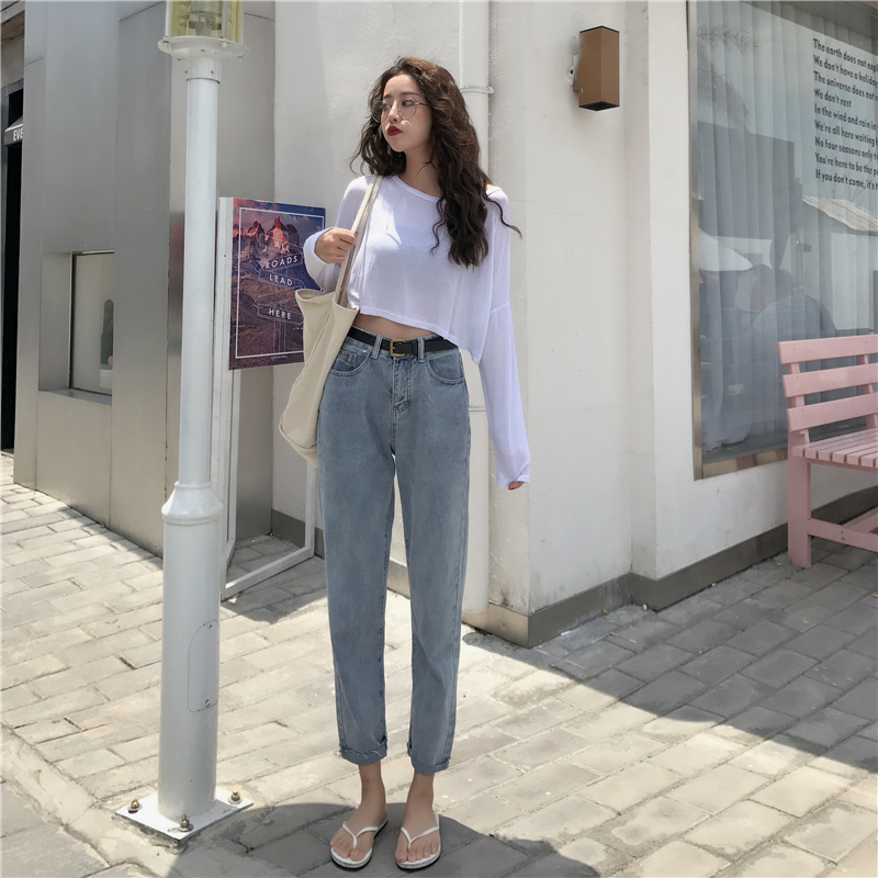 Real photo, real price, retro, all-around light color, high waist, straight tube, skinny and small leg jeans