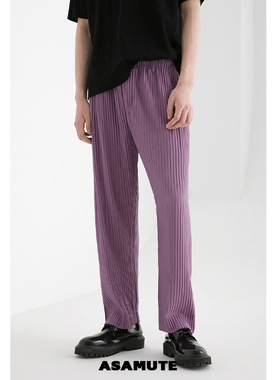 ASAMUTE丨日系宅制褶皱裤子JF150高街垂坠感宽松直筒紫色休闲长裤
