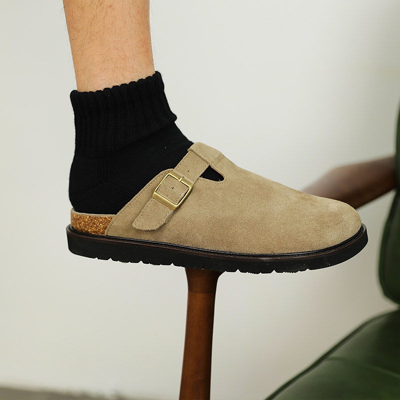 Unblank夏季休闲麂皮勃肯鞋外穿真皮软木包头凉拖厚底增高半拖鞋