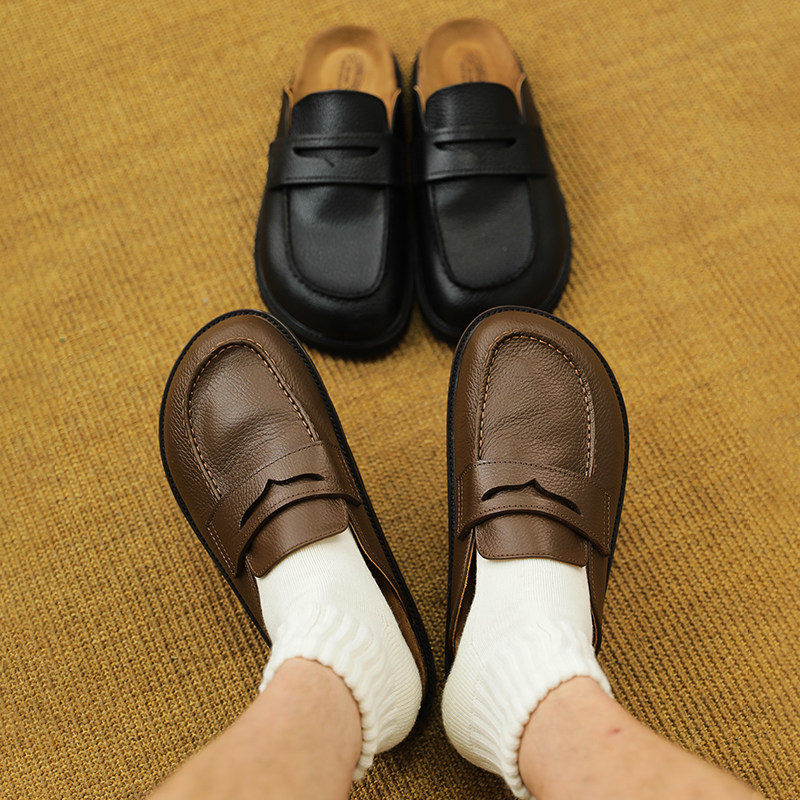 头层牛皮懒人半拖鞋Unblank夏季