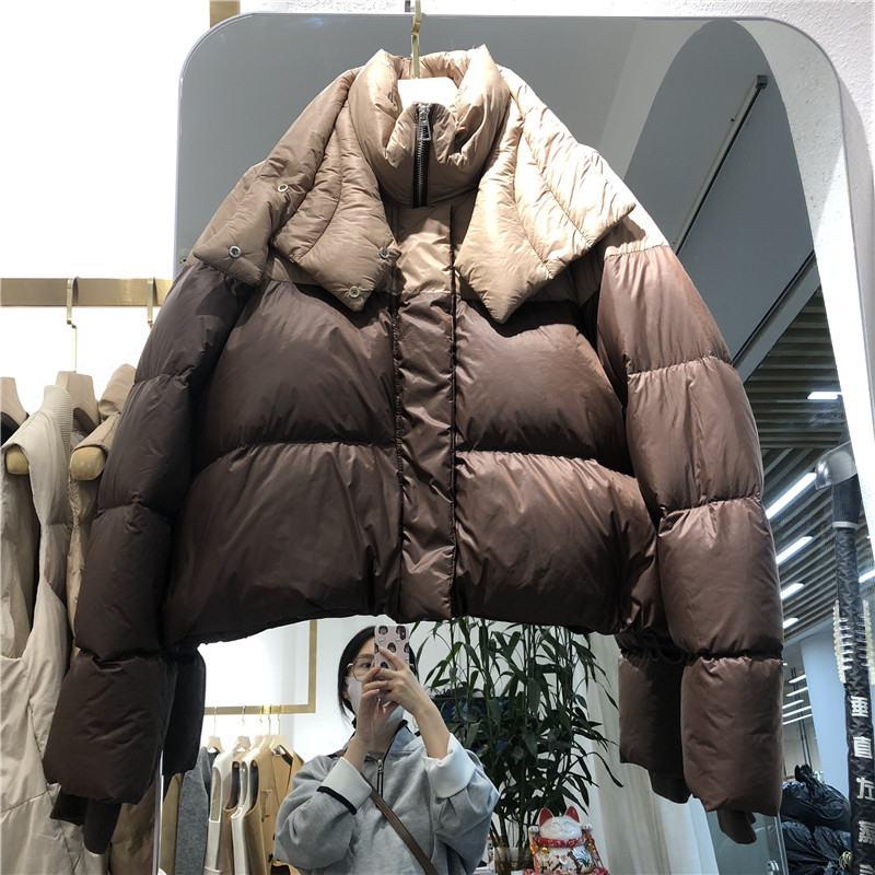 欧货2025冬装新款立领拉链短款拼色羽绒服韩版小个子面包服休闲款