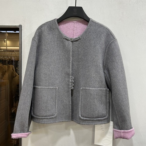 欧洲站2025秋季新款圆领撞色双面羊毛呢外套女宽松百搭显瘦上衣