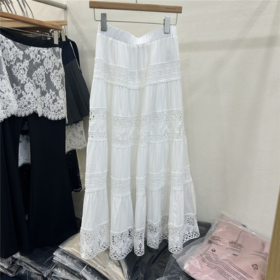 欧货2025春季新款时尚松紧腰镂空长裙气质白色A版天丝甜美中长裙