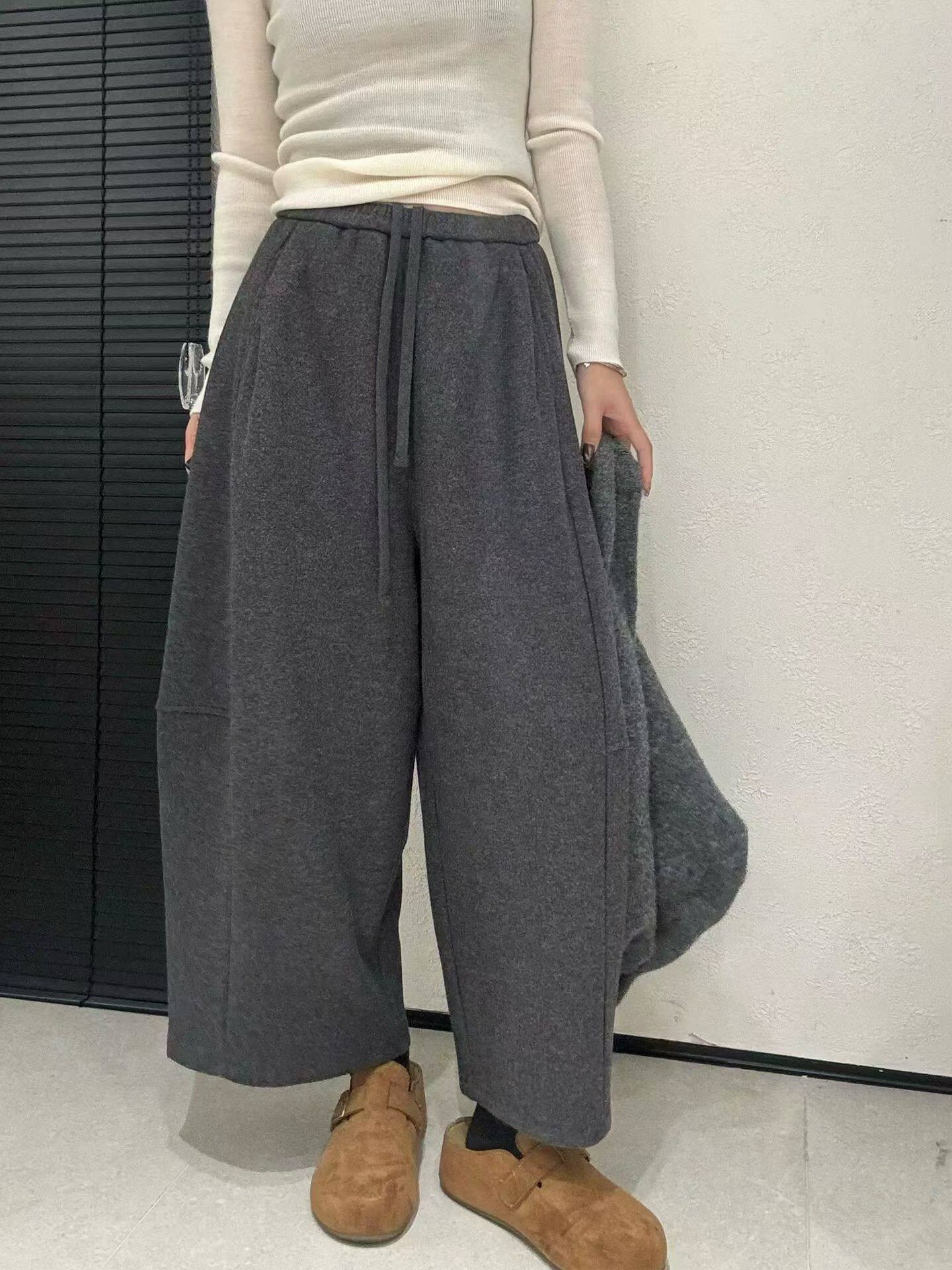 欧洲站2025冬季新款松紧腰系绳休闲显瘦弯刀裤羊毛九分裤女潮