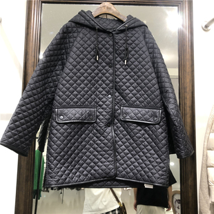 欧货2024秋冬装新款中长款连帽菱格保暖棉衣时尚轻薄款显瘦外套女