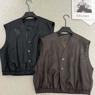 欧洲站欧货2025新款 PU皮马甲女宽松显瘦百搭上衣潮 时尚 圆领无袖