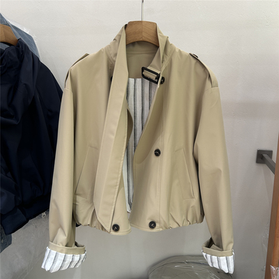 欧洲站欧货2026双排扣短款风衣外套女春季宽松卡其色翻领棉质上衣
