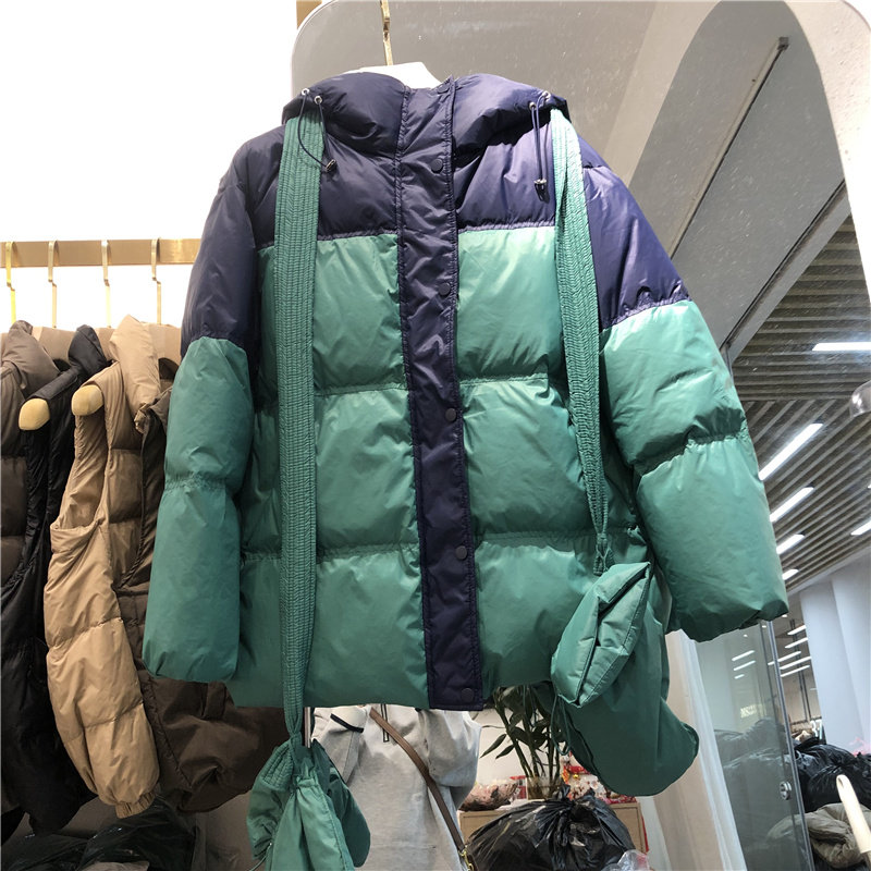 欧洲站2026冬装新款连帽拼色拉链羽绒服时尚配手套保暖白鸭绒外套
