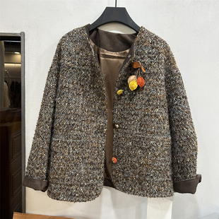 欧洲站欧货2025秋季新款时尚圆领立体花朵羊毛呢外套女百搭上衣潮