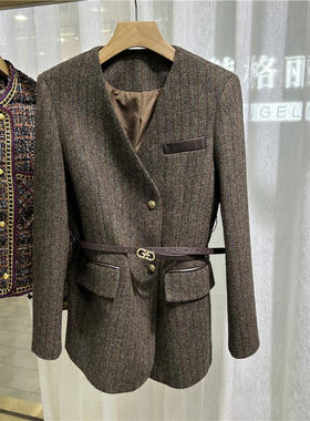 欧洲站欧货2025秋季新款羊毛小香风v领西装外套女系腰带显瘦67272