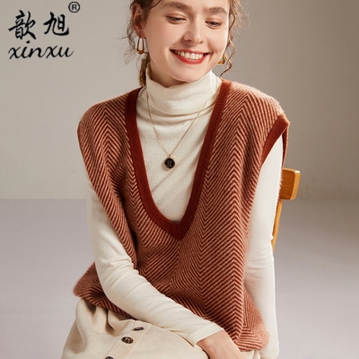 V领100纯山羊绒衫女V领秋冬提花短款套头毛衣马夹加厚砍袖马甲冬