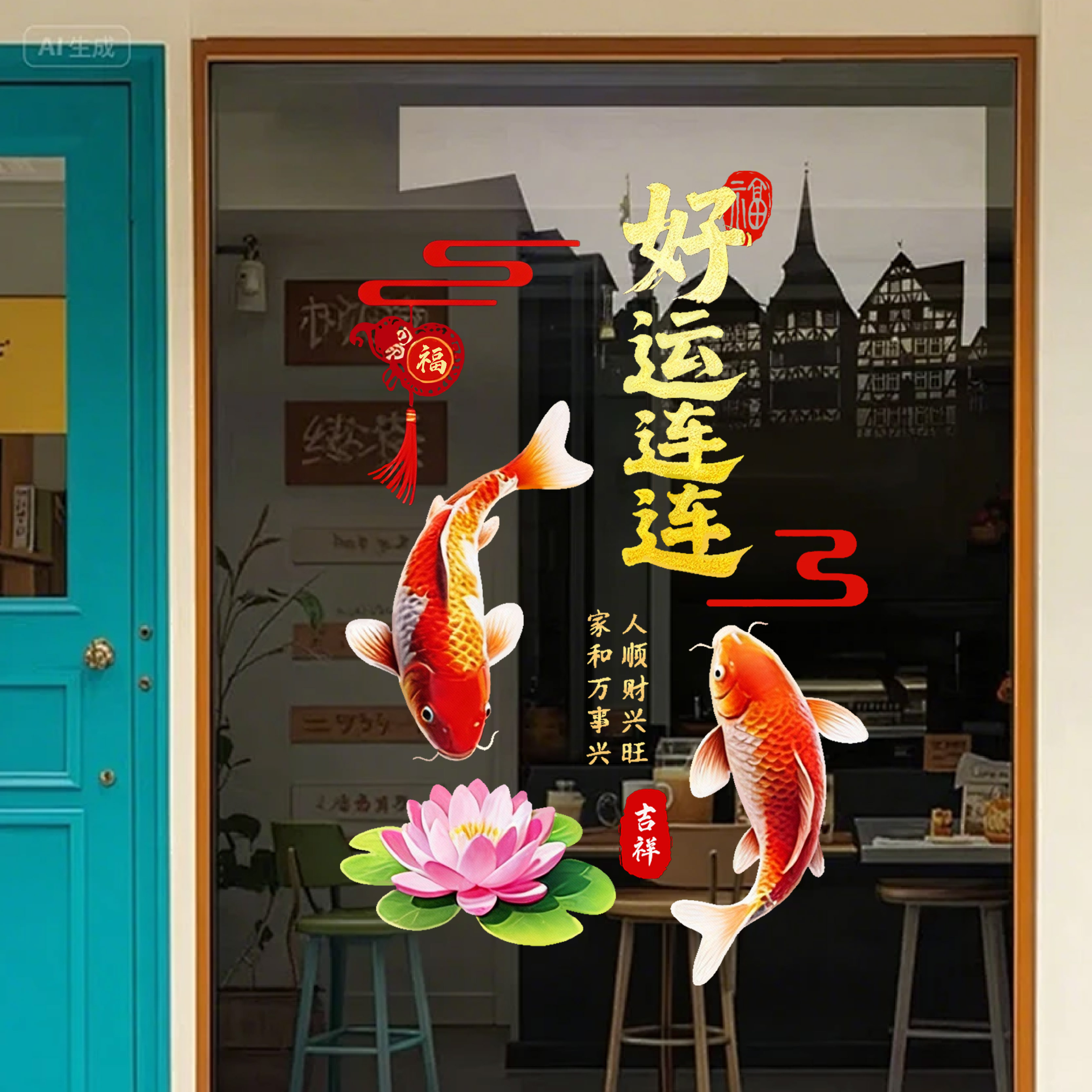 锦鲤福字静电窗贴2026马年新春