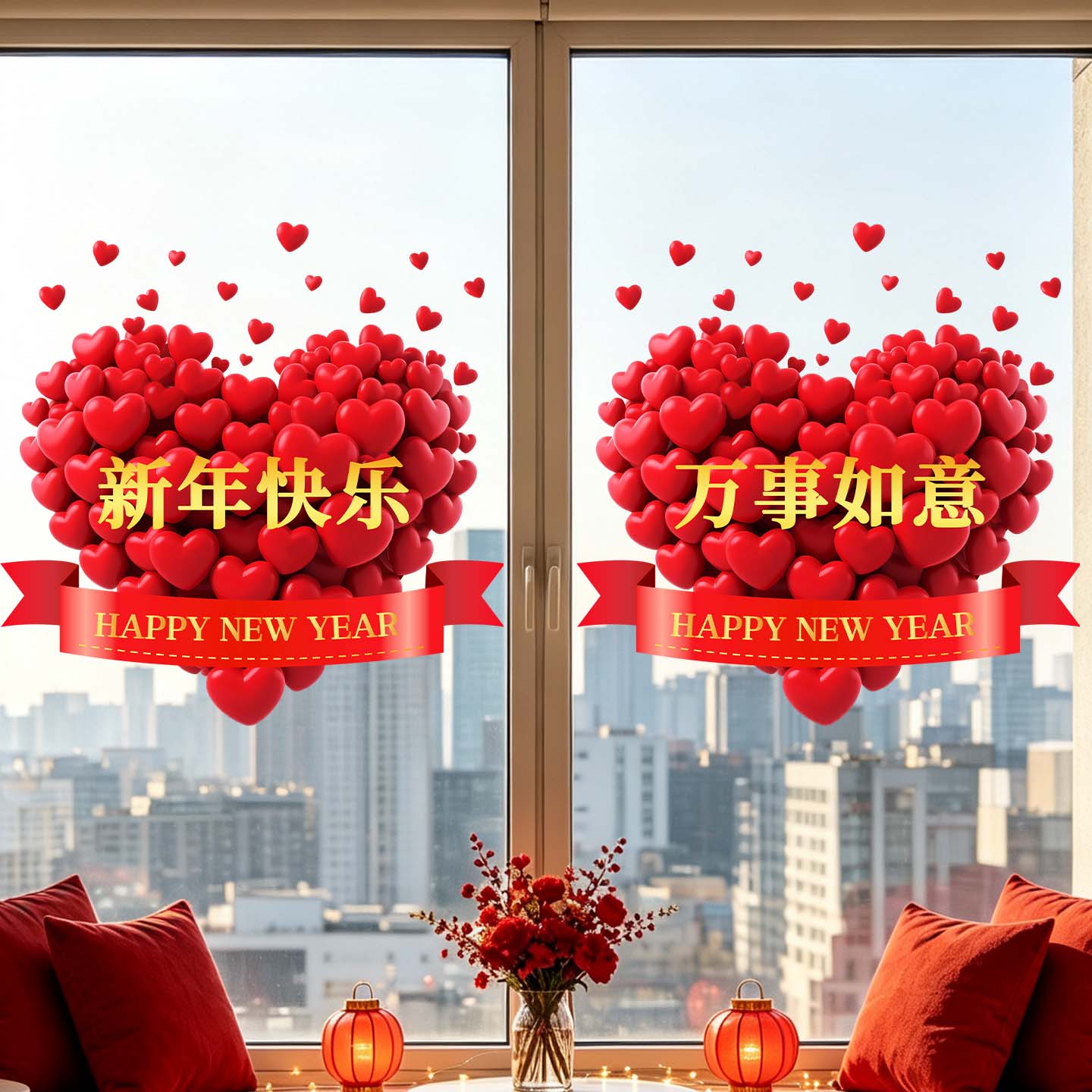2027新年红色爱心静电窗贴