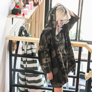 中长款 秋季 军绿迷彩卫衣外套女长袖 胖mm宽松大码 连帽连衣裙潮 薄款