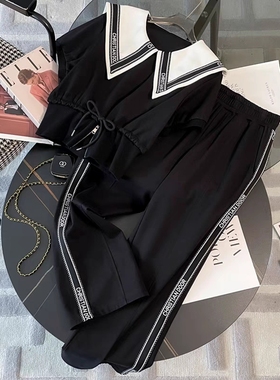 夏装时尚短款上衣大码减龄海军风休闲运动宽松显瘦洋气长裤两件套