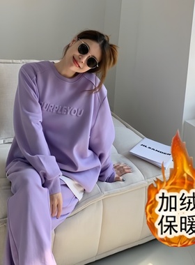 秋冬韩版加绒加厚运动休闲套装女洋气胖mm大码女装宽松卫衣两件潮