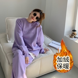 秋冬韩版加绒加厚运动休闲套装女洋气胖mm大码女装宽松卫衣两件潮