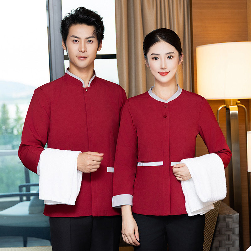 高端酒店宾馆保洁工服长袖红色男女物业家政工装写字楼PA阿姨制服