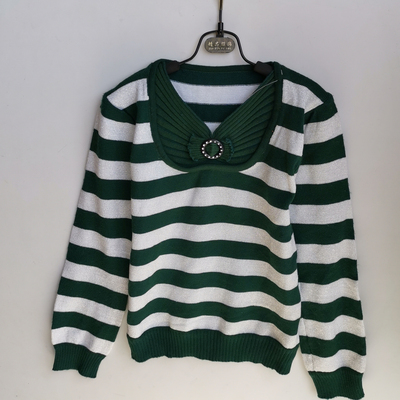 墨绿色灰白色金丝条纹针织衫女款打底毛衣155-160