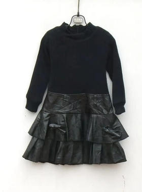 春秋款紫色黑色蝴蝶结女童蛋糕百褶裙皮裙长袖连衣裙110-120