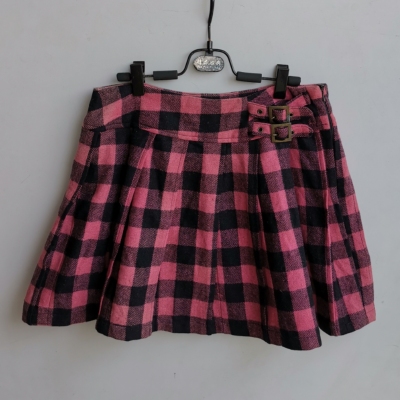 秋冬款女装粉红黑色格羊毛呢女装半身裙子百褶裙S码 155-160