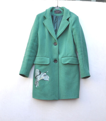 加厚款羊绒大衣蓝绿色毛呢外套