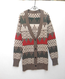 23秋冬女款咖啡色条纹几何图案提花保暖羊毛衣开衫外套毛衣165-17