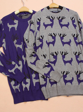 意大利品牌FM卡通印花小鹿圆领中性款棉线打底毛衣160-165-170