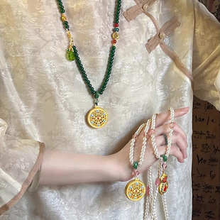 新中式民族风复古圆牌串珠珍珠项链长款女葫芦毛衣链汉服旗袍配饰