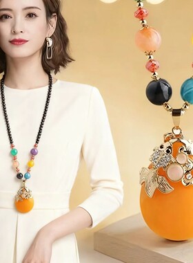 蜜蜡树脂圆珠女民族风大气毛衣链
