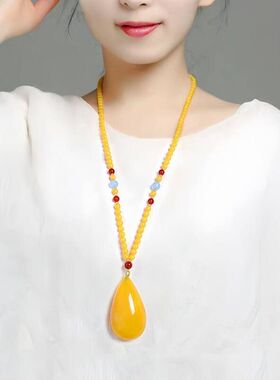 蜜蜡水滴项链男女长款新中式复古黄色串珠毛衣链国风衣服配饰挂件