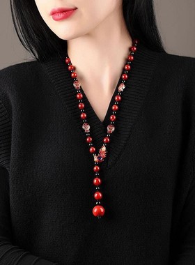 凤凰小鱼红色玉石串珠流苏毛衣链