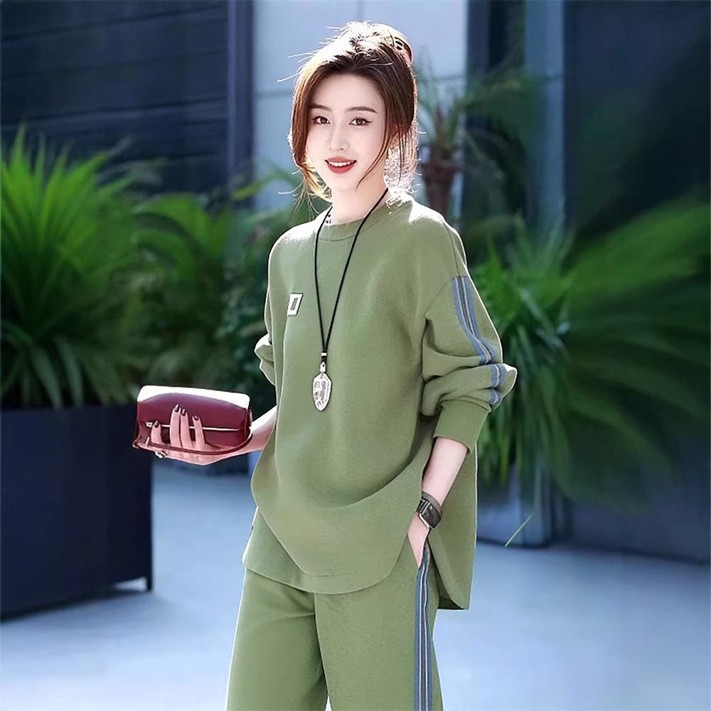 春秋新款绿色圆领条纹卫衣运动套装新款宽松休闲两件套女装运动风