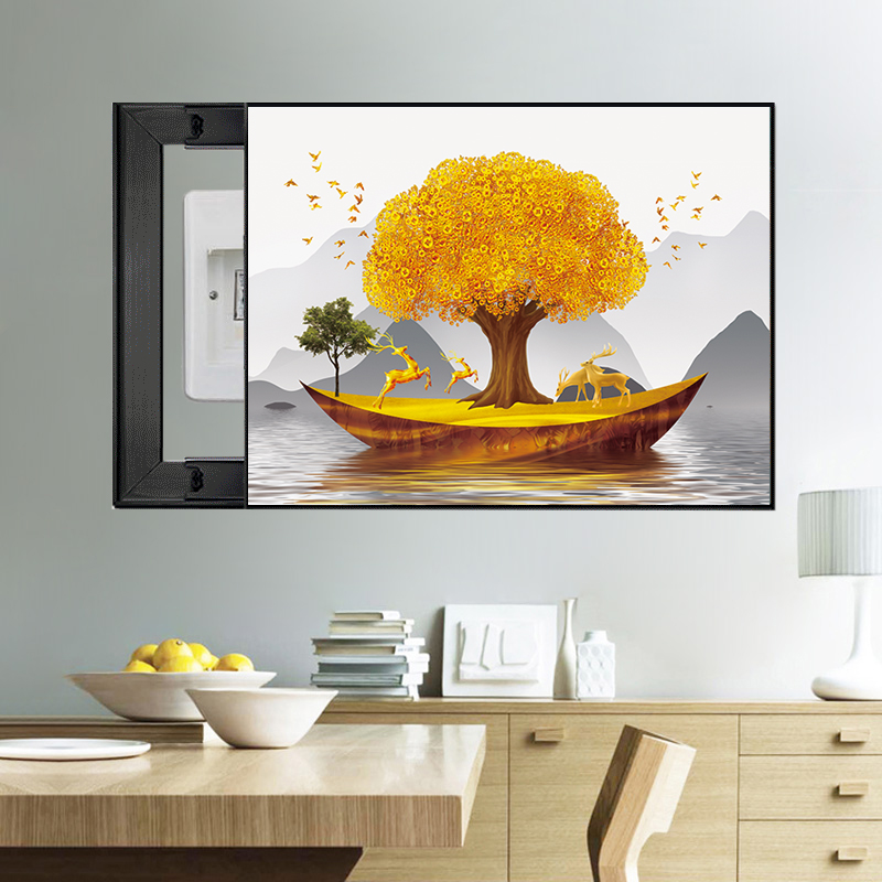 电闸箱电表箱装饰发财树遮挡推拉表箱挂画招财进宝浮雕餐厅装饰画图片