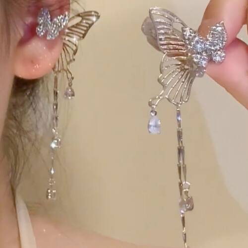 甜酷蝴蝶流苏耳骨夹女超仙ins闪钻锆石精灵耳夹精致耳饰