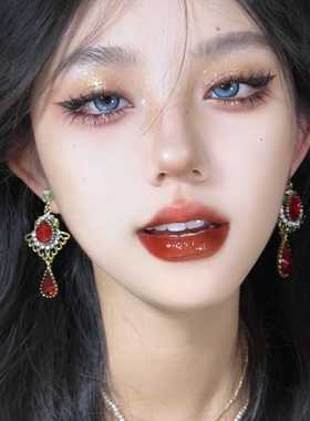 复古宫廷红色水滴耳环女港风轻奢宝石流苏耳饰百搭晚宴气质耳钉