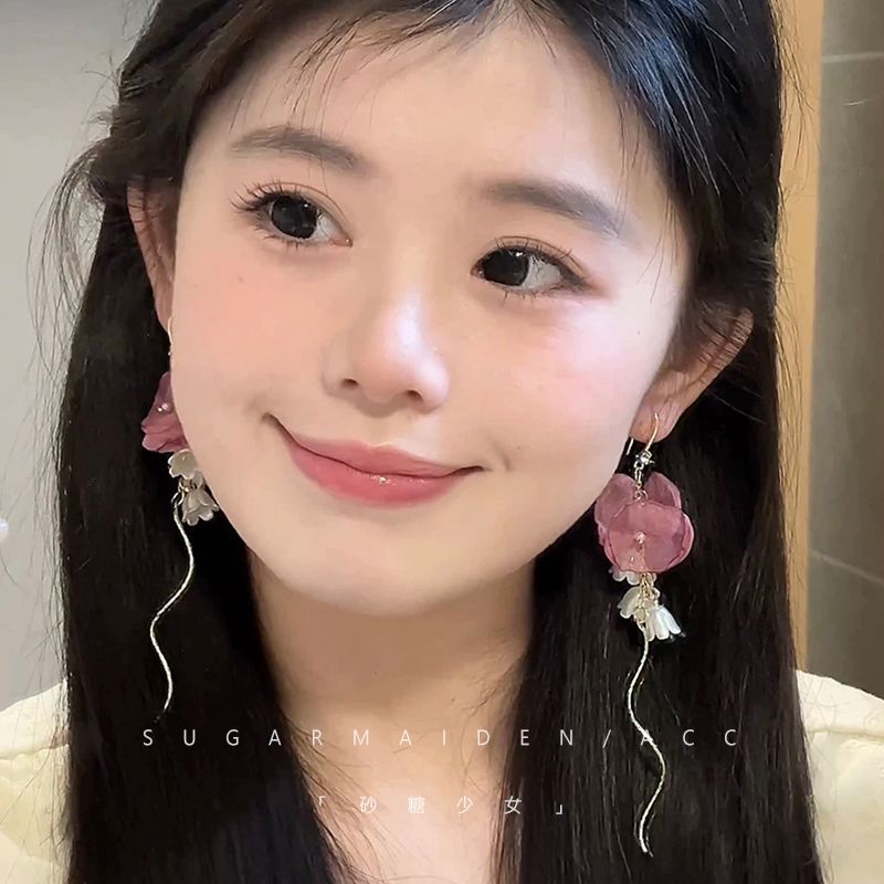 「森铃花语」春夏耳饰来啦_粉紫色网纱铃兰长款花朵流苏耳环