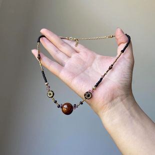 新中式复古vintage串珠项链冷淡风古着棕色系陶瓷锁骨链