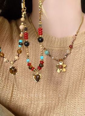 爱心花朵虎眼石串珠项链女生轻奢高级感毛衣链2025新款卫衣链配饰