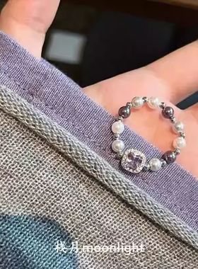 法式紫色方形锆石施家珍珠戒指高级感气质百搭同款手链女