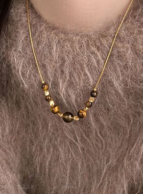 美拉德复古虎眼石项链女2025新款爆款毛衣链高级感小众串珠配饰秋