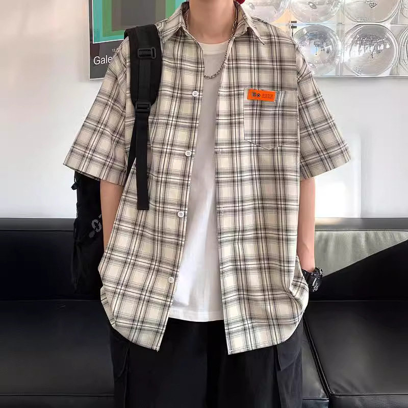 格子短袖衬衫男士夏季 港风宽松百搭衬衣韩版 青少年潮流衬衣