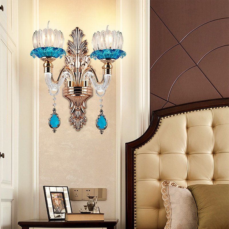 欧式奢华led蓝色水晶壁灯双头卧室床头灯客厅装饰背景墙灯臂发光