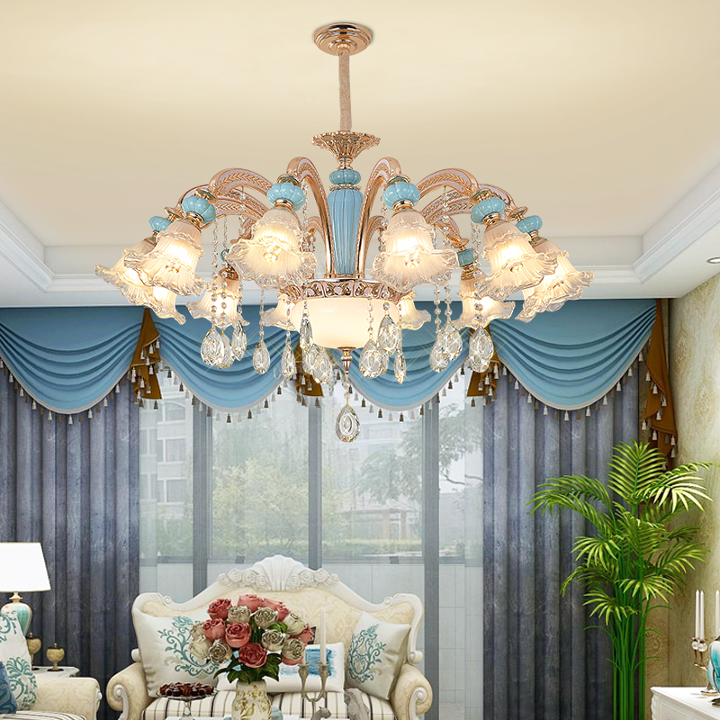 欧式客厅吊灯陶瓷水晶吊灯奢华大气简欧轻奢朝下蓝色卧室餐厅吊灯