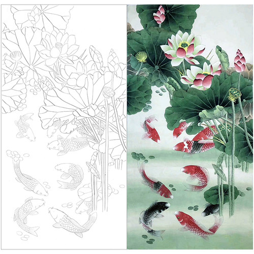 工笔画荷花九鱼图白描底稿