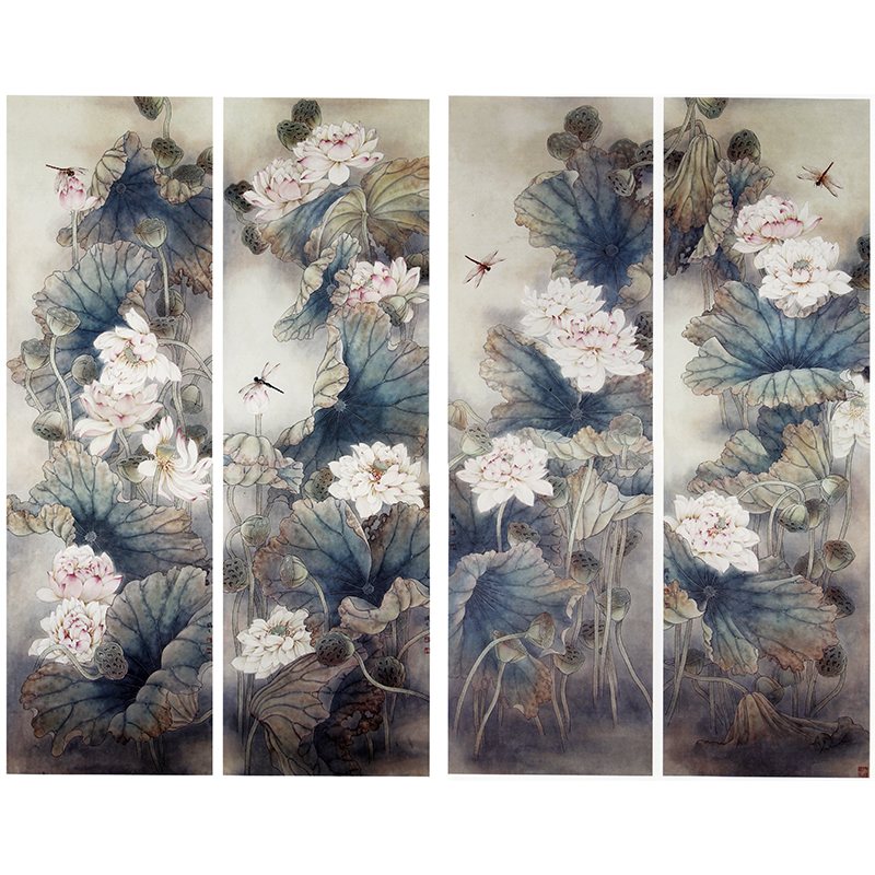 高清工笔画荷花四条白描底稿